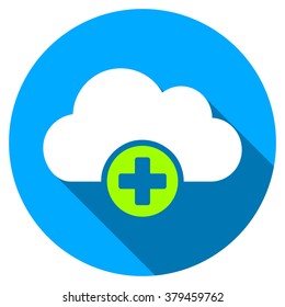 Cloud Medicine long shadow icon. Style is a light flat symbol with rounded angles on a blue round button.