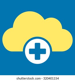 Cloud Medicine vector icon. Style is bicolor flat symbol, yellow and white colors, rounded angles, blue background.