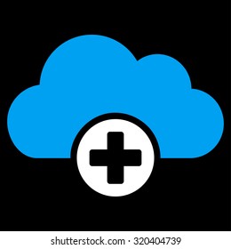 Cloud Medicine vector icon. Style is bicolor flat symbol, blue and white colors, rounded angles, black background.