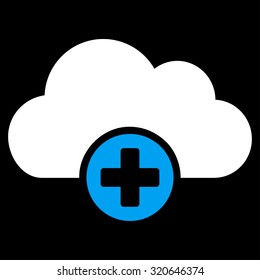 Cloud Medicine vector icon. Style is bicolor flat symbol, blue and white colors, rounded angles, black background.