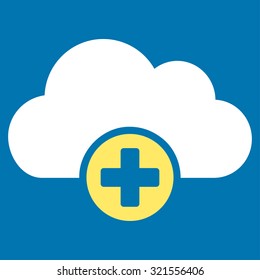 Cloud Medicine vector icon. Style is bicolor flat symbol, yellow and white colors, rounded angles, blue background.