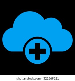 Cloud Medicine vector icon. Style is flat symbol, blue color, rounded angles, black background.