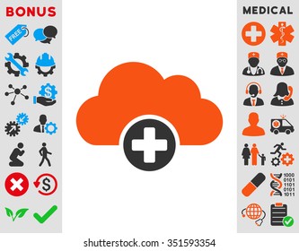 Cloud Medicine vector icon. Style is bicolor flat symbol, orange and gray colors, rounded angles, white background.