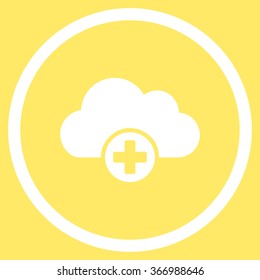 Cloud Medicine vector icon. Style is flat circled symbol, white color, rounded angles, yellow background.