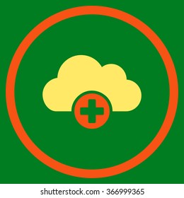 Cloud Medicine vector icon. Style is bicolor flat circled symbol, orange and yellow colors, rounded angles, green background.