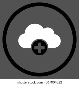Cloud Medicine vector icon. Style is bicolor flat circled symbol, black and white colors, rounded angles, gray background.