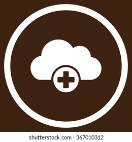 Cloud Medicine vector icon. Style is flat circled symbol, white color, rounded angles, brown background.