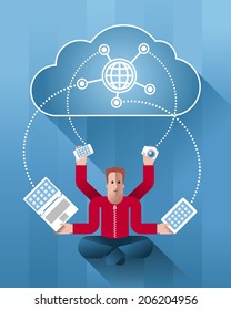 Cloud Meditation. Many-armed cartoon yoga man sitting under the cloud of communication services in lotus position and holding contemporary electronic devices: netbook, smartphone, camera and tablet.