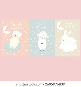 Cloud with message sweet dream Vector moon Cute sleeping bear and lamb and sleeping rabbit bedding colors