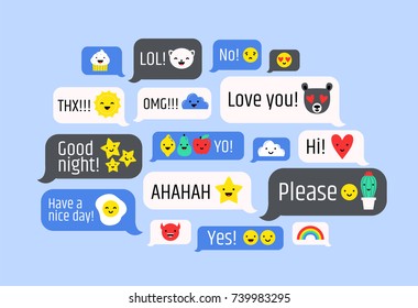 Cloud of messages with cute emoji. Speech bubbles with text and smileys. Ideograms or funny symbols to express different emotions in electronic chatting or messaging. Colorful vector illustration.