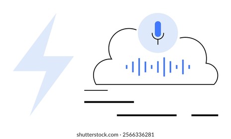 Cloud with a microphone above sound waves next to a lightning bolt. Ideal for technology, cloud computing, voice recognition, AI, data management. Simple flat style