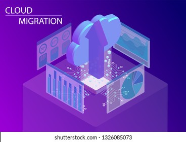 Cloud Migration Concept. 3d Isometric Vector Illustration With Floating Cloud And Upload Arrow As Symbol For Migrating Applications And Files Into The Cloud