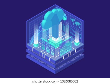 Cloud Migration Concept With Symbol Of Floating Cloud And Upload Arrow As Isometric 3d Vector Illustration. 