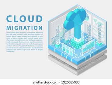 Cloud Migration Concept With Symbol Of Floating Cloud And Upload Arrow As Isometric 3d Vector Illustration. 