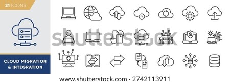 Cloud Migration and Integration Line Icons Set – Data Transfer, Deployment and System Synchronization Outline Vector Collection