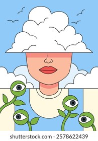 Cloud Mind: Surreal illustration of a woman's face partially obscured by a fluffy cloud, with whimsical green eyes sprouting from plants below, symbolizing dreams, imagination, or hidden thoughts.