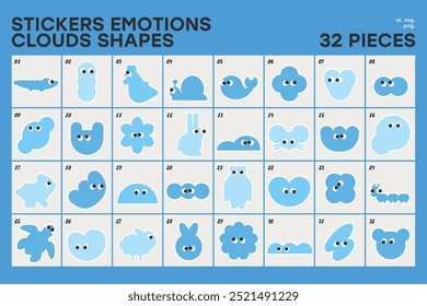 Nube Mínimo Formas y Animales Composiciones Pegatinas Emociones Azul Emoji con Ojos para Logotipo Identidad Marca Tipografía Pósters Tarjetas y otras impresiones y Diseño web 