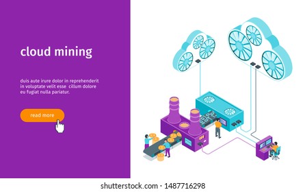 Cloud mining banner. Images of people mining cryptocurrency. Mock-up for website and mobile website. Isometric vector illustration