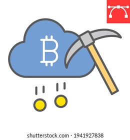 Cloud mining color line icon, cryptocurrency and bitcoin, cloud with pickaxe vector icon, vector graphics, editable stroke filled outline sign, eps 10