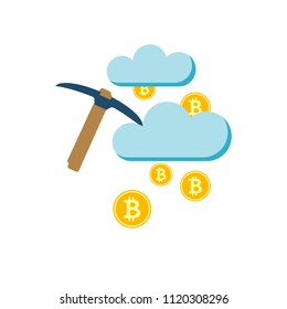 Cloud Mining Concept, Clouds, Bitcoin, Pickaxe Flat Vector Icon. Isolated on White Background. Trendy Flat Style.