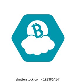 Cloud mining, economy, financial stock exchange, business vector concept. Virtual currency in cloud icon on the blue hexagon. Flying bitcoin coins in a frame on white. 