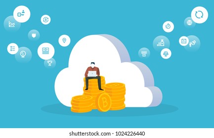 Cloud mining. Flat design style web banner of blockchain technology, bitcoin, altcoins, cryptocurrency mining, finance, digital money market, cryptocoin wallet, crypto exchange. 