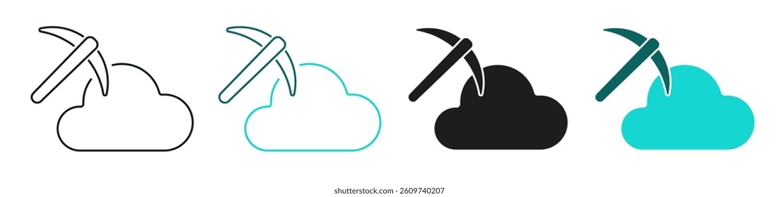 Cloud Mining icon set. Cryptocurrency, Technology, Blockchain or Digital currency concept. Pickaxe symbol on white background. Thin line or solid logo for web or mobile app. Editable vector stroke.