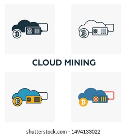 Cloud Mining icon set. Four elements in diferent styles from crypto currency icons collection. Creative cloud mining icons filled, outline, colored and flat symbols.