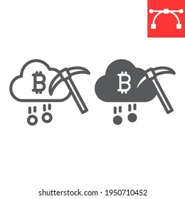 Cloud mining line and glyph icon, cryptocurrency and bitcoin, cloud with pickaxe vector icon, vector graphics, editable stroke outline sign, eps 10