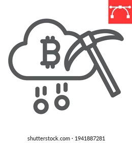Cloud mining line icon, cryptocurrency and bitcoin, cloud with pickaxe vector icon, vector graphics, editable stroke outline sign, eps 10