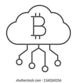 Cloud mining thin line icon, finance and money, bitcoin sign, vector graphics, a linear pattern on a white background, eps 10.