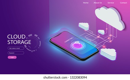 Cloud mobile storage technology, users network configuration. Isometric advertisement poster with phone vector illustration. Website template.
