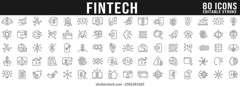 Nube, dinero, dólar, computadora, finanzas, billetera, etc. Gran conjunto de iconos de línea relacionados con fintech