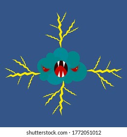 Cloud Monster with evil red eyes and sharp fangs. Cartoon character from which lightnings fly in different directions against a dark sky. Halloween and bad weather concept