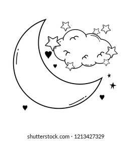 Cloud and moon cartoon in black and white