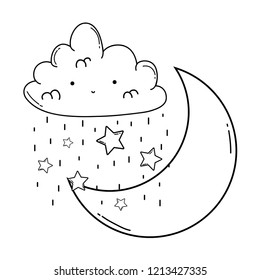 Cloud and moon cartoon in black and white
