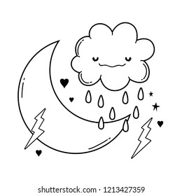 Cloud and moon cartoon in black and white