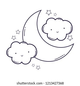 Cloud and moon cartoon in black and white