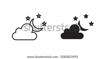 Cloud moon filled and outlined icons vectors on white background