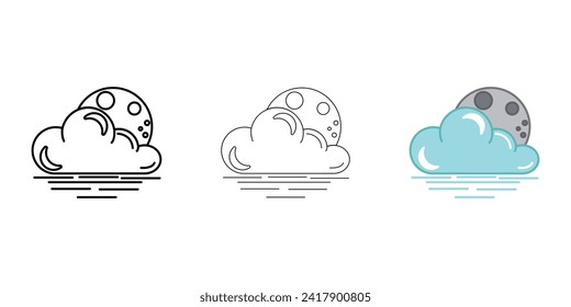 Cloud with moon and fog Weather Icon vector image on white background. Three icons thick, thin, colored outline. Can be used for mobile apps, web apps and print media