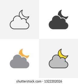 Cloud and moon icon. Line, glyph and filled outline colorful version, Cloudy moon outline and filled vector sign. Night symbol, logo illustration. Different style icons set