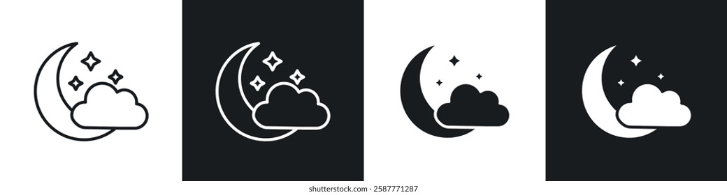 Cloud moon icon set black and white colors. Graphic Vector icons pack