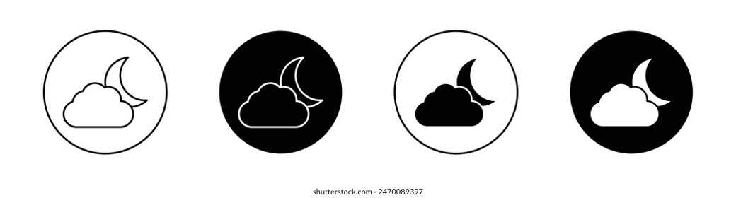 Cloud moon icon set. Night time vector symbol. Nighttime dream icon in black filled and outlined style.
