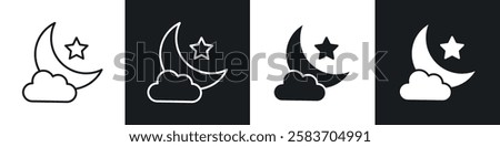 Cloud moon icons collection in black and white filled and line versions