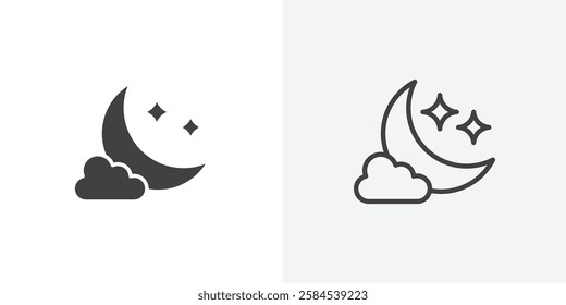 Cloud moon icons vectors illustrations in black fill and liner versions