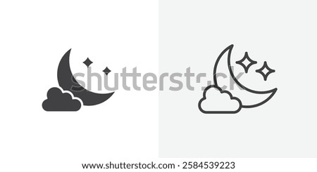 Cloud moon icons vectors illustrations in black fill and liner versions