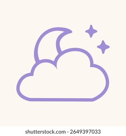 Cloud and moon line icon in soft purple – dreamy minimalist night vector for Gen Z sleep, dream, aesthetic mood, bedtime content, mental health, or UI design