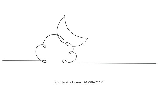 Cloud with moon - one single hand drawing continuous line banner. Vector stock illustration isolated on white background for design template summer travel poster, flyer. Editable stroke. EPS10