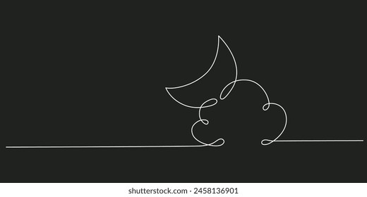 Cloud with moon - one single hand drawing continuous line banner. Vector stock illustration isolated on black background for design template summer travel poster, flyer. Editable stroke. EPS10