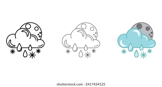 Cloud with moon rain and snow  Weather Icon vector image on white background. Three icons thick, thin, colored outline. Can be used for mobile apps, web apps and print media